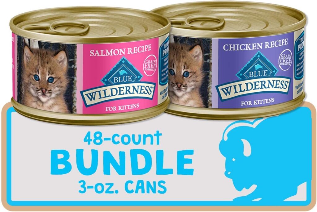 Blue Buffalo Wilderness High Protein Grain Free, Natural Kitten Pate Wet Cat Food, Chicken  Salmon 3-oz cans (48 Count - 24 of Each Flavor)