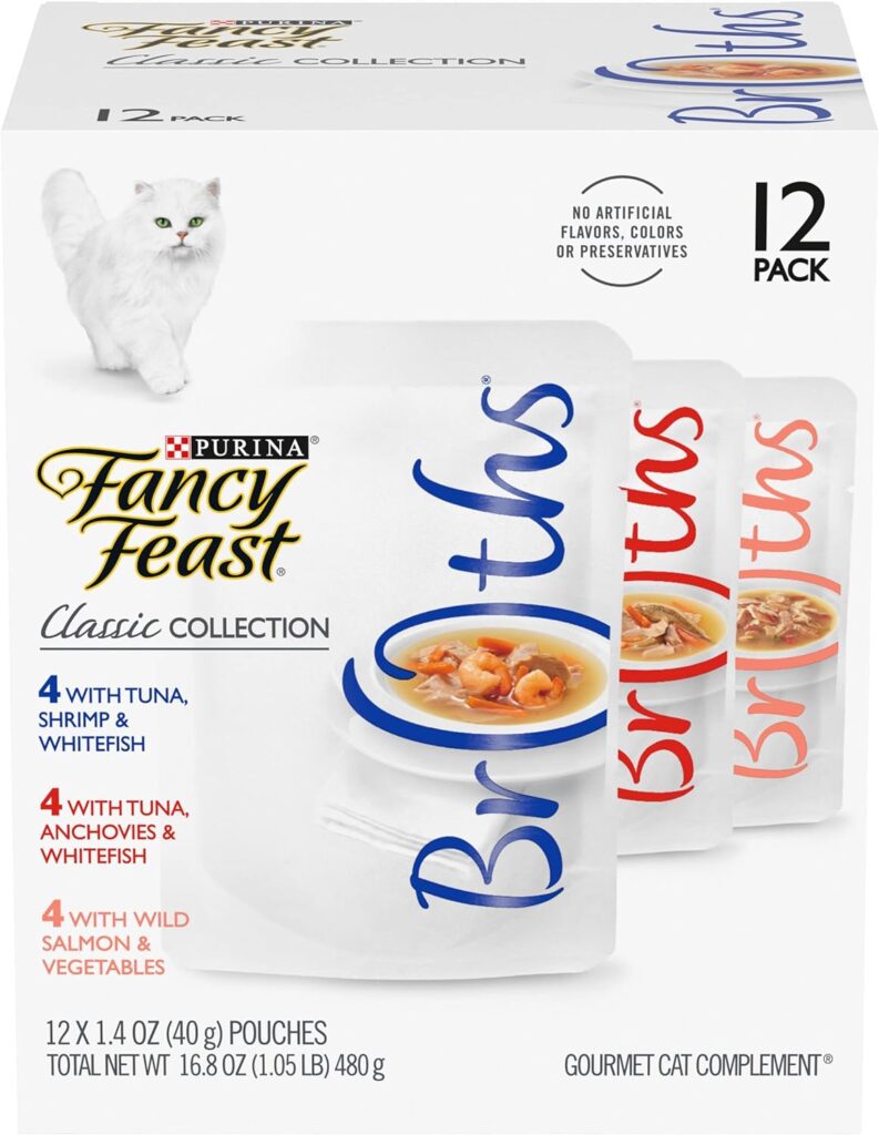 Purina Fancy Feast Lickable Wet Cat Food Broth Complement Classics Collection Variety Pack - (12) 1.4 oz. Pouches.