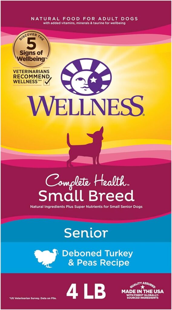 Wellness Complete Health Small Breed Dry Dog Food with Grains, Natural Ingredients, Made in USA with Real Turkey, For Dogs Up to 25 lbs. (Senior, Turkey  Peas, 4-Pound Bag)